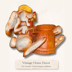 Vintage Carved Wooden Bunny Figurine with Butter Churn | Folk Art Style